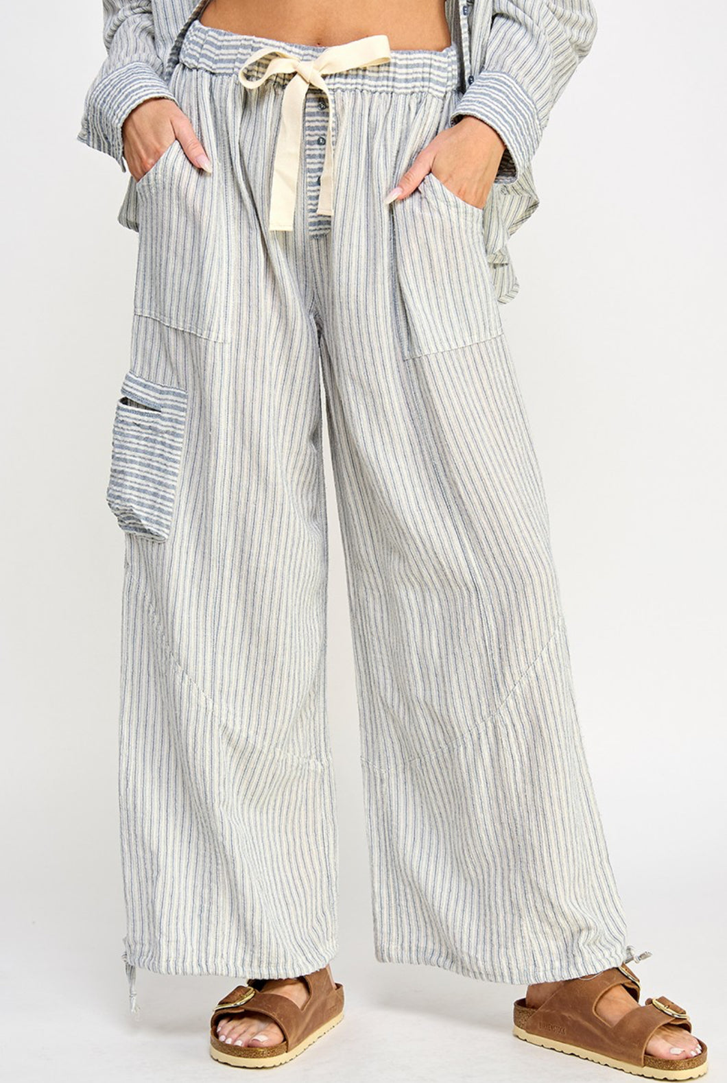 Striped Linen Cargo Pant- Blue